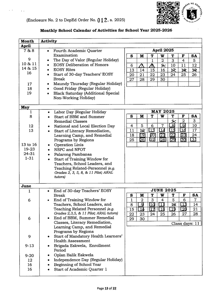 DepEd Releases 2025-2026 School Calendar, with 197 Blissful Class Days 10 13