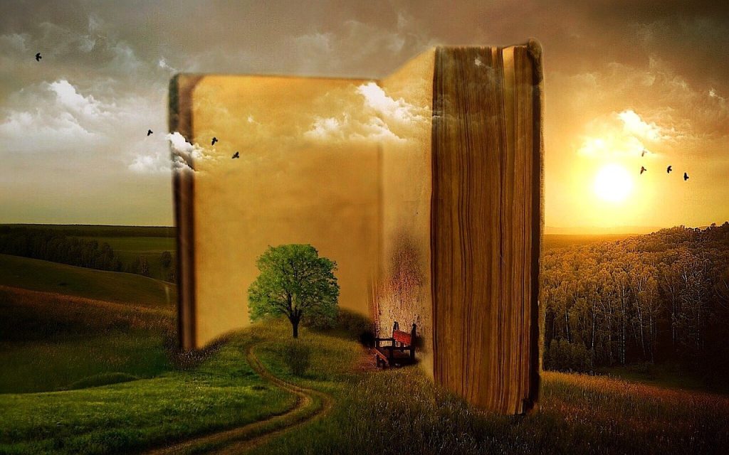 Here's How You Can Make Learning More Vivaciously Relatable and Easier to Understand via Storytelling 5 book, old, surreal, fantasy, pages, open book, chapters, tree, path, fields, meadows, story, story book, photomontage, photo manipulation, clouds, landscape, old book, nature, read, antique, study, antiquarian, leather back