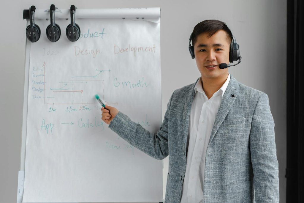 A professional in a suit with a headset presenting on a flip chart.