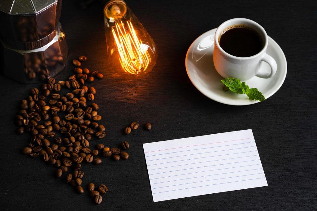 espresso, white cup, black coffee, index card, greeting, coffee beans, edison lamp, mint leaves, coffee pot, index card, index card, index card, index card, index card